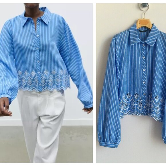 NWT ZARA STRIPED EMBROIDERED EYELET SHIRT 3897/056 Sz-M - Picture 1 of 9